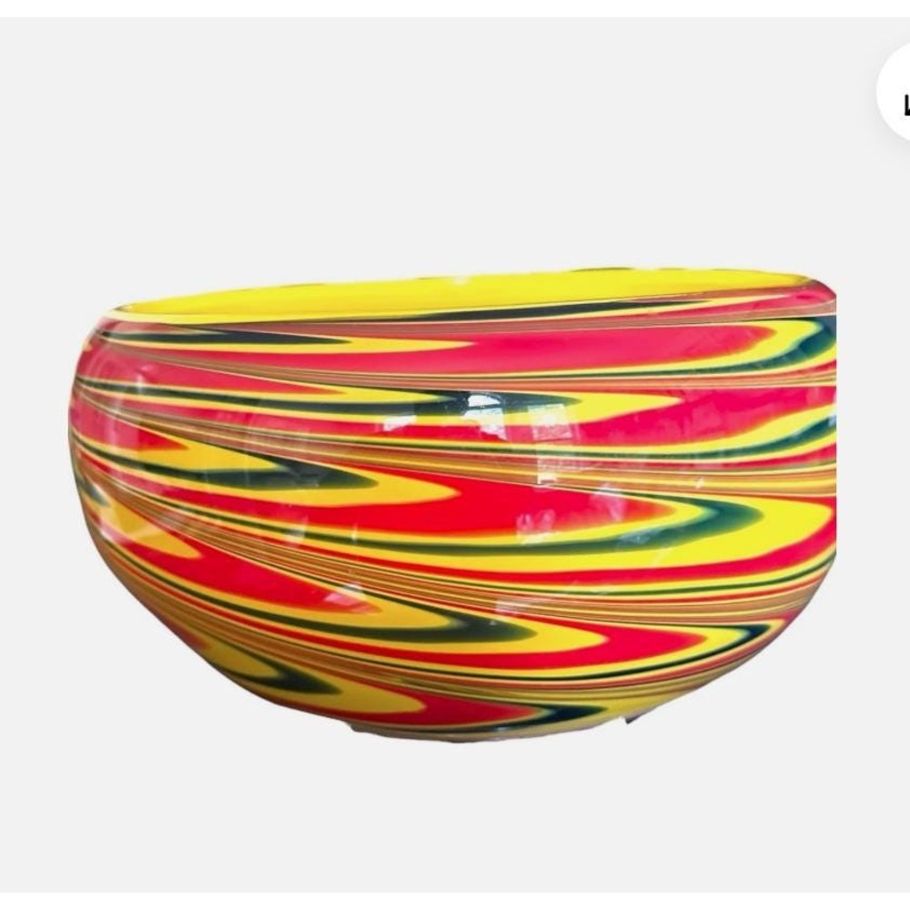 Large Vintage Leonardo Glass Bowl: Yellow Cased Swirls, Red Green (5" Tall)